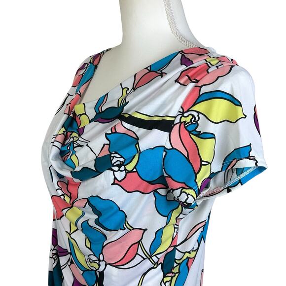 Worthington Top Women Large White Blue Yellow Floral Cowl Neck Draped Stretch - Picture 6 of 10